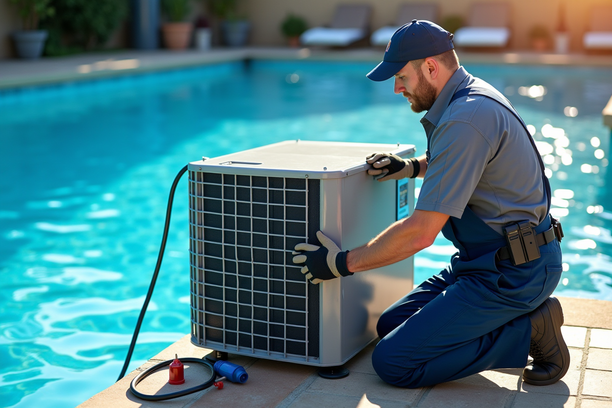 Technicien en maintenance de pompe à chaleur au bord de la piscine