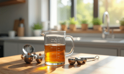 Verre mesure 50 ml avec cuillères en inox dans une cuisine lumineuse