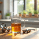 Verre mesure 50 ml avec cuillères en inox dans une cuisine lumineuse