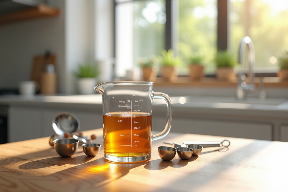 Verre mesure 50 ml avec cuillères en inox dans une cuisine lumineuse